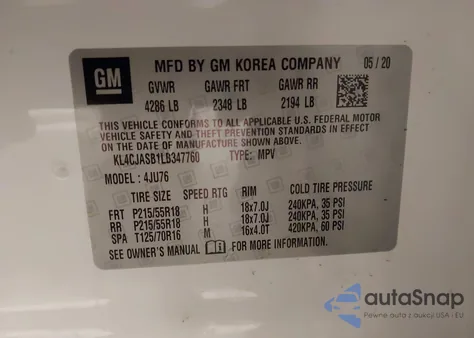 2020 Buick Encore Fwd Preferred из США, поврежденный, VIN KL4CJASB1LB347760